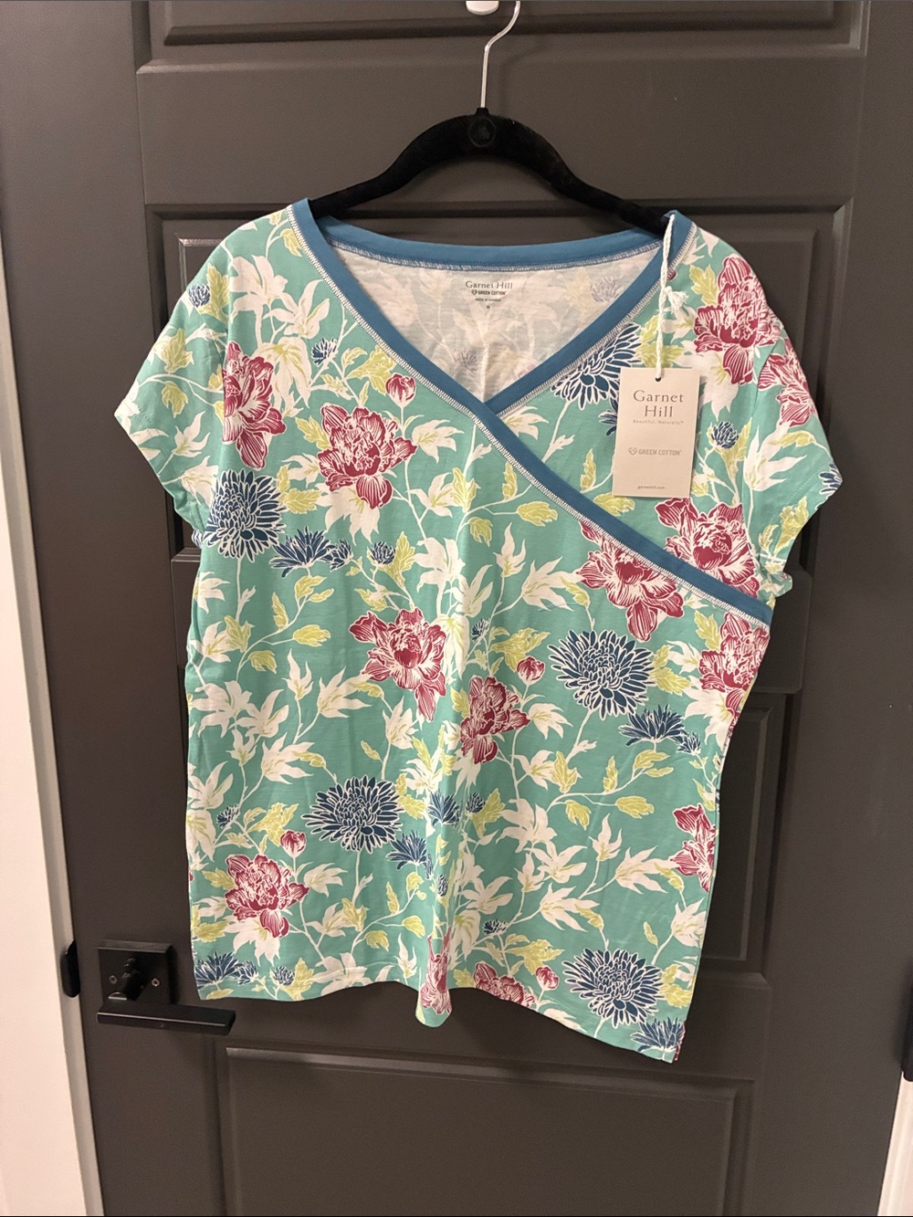 Garnet Hill Floral Mint Green Short Sleeve Pajama Set with Pink Accents - Picture 2 of 4